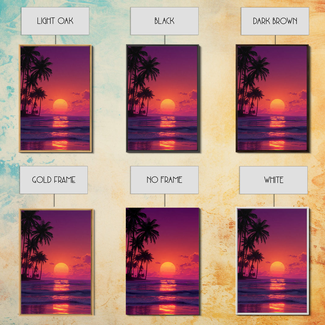 Vibrant Retro Sunset Beach Palm Tree Painting Wall Art Print For Bedroom And Coastal Home Decor Canvas Print