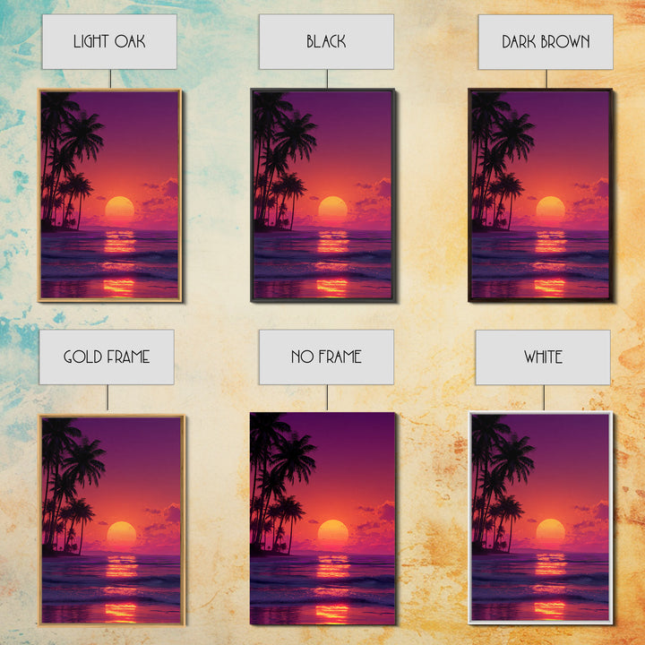 Vibrant Retro Sunset Beach Palm Tree Painting Wall Art Print For Bedroom And Coastal Home Decor Canvas Print