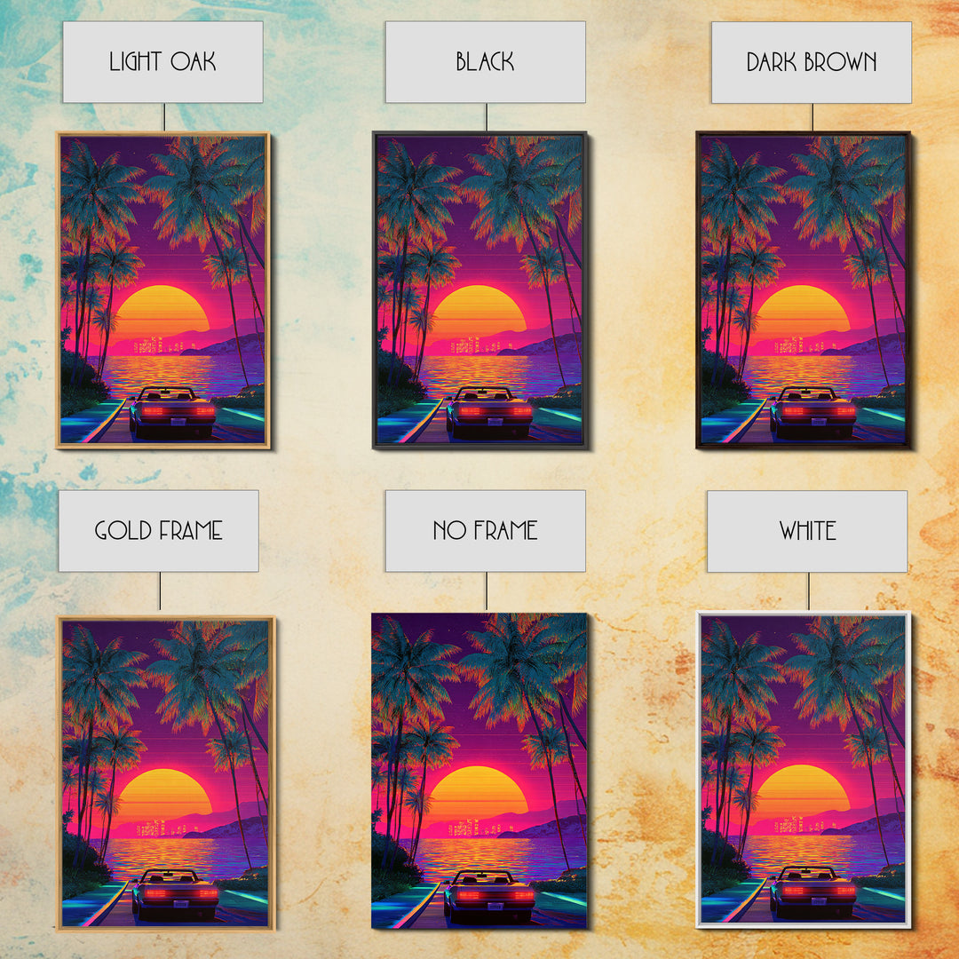 Retrowave Neon Sunset With Palm Trees And Convertible Car Canvas Print For Modern Wall Art Coastal Home Decor