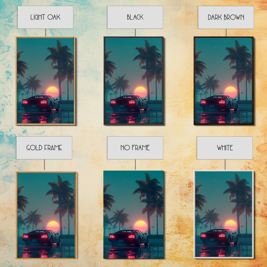 Retro Futuristic Car At Sunset Surrounded By Palm Trees With Neon Glow Vibrant Digital Art Canvas Print