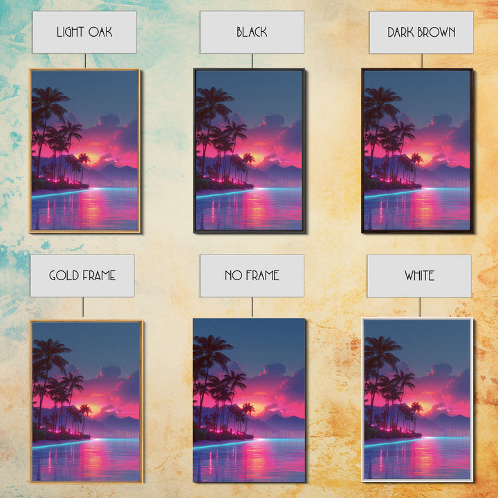 Vibrant Sunset Over Tropical Beach With Palm Trees And Reflective Ocean Modern Wall Art Print Canvas