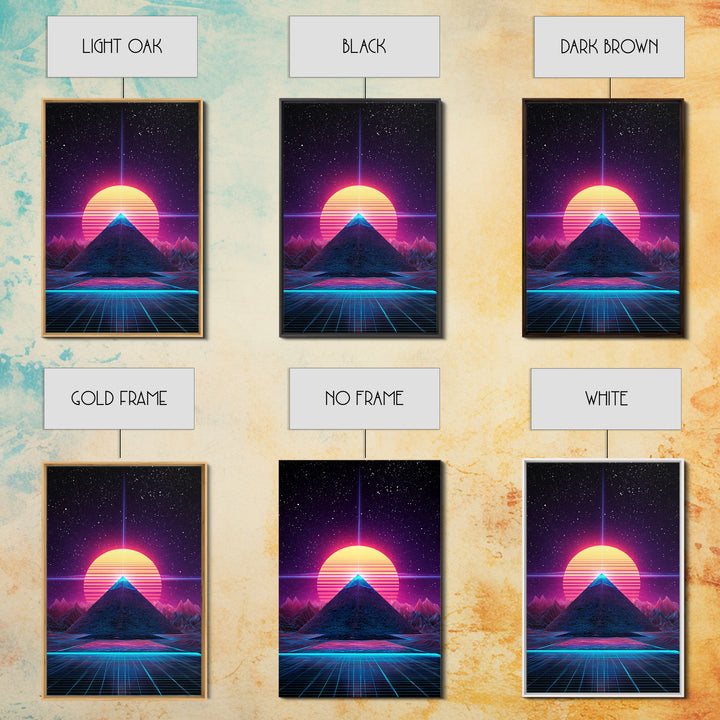 Retro Futuristic Neon Pyramid With Sun And Stars Canvas Print Modern Wall Art For Sci Fi Home Decor And Office