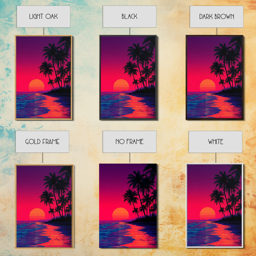 Vibrant Sunset Over Tropical Beach With Palm Trees Digital Wall Art Framed Canvas Print For Home Decor