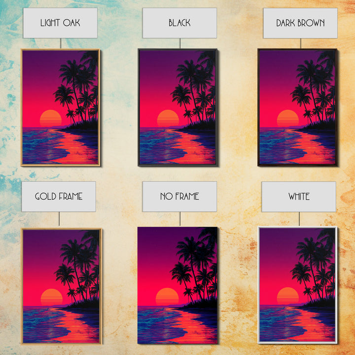 Vibrant Sunset Over Tropical Beach With Palm Trees Digital Wall Art Framed Canvas Print For Home Decor