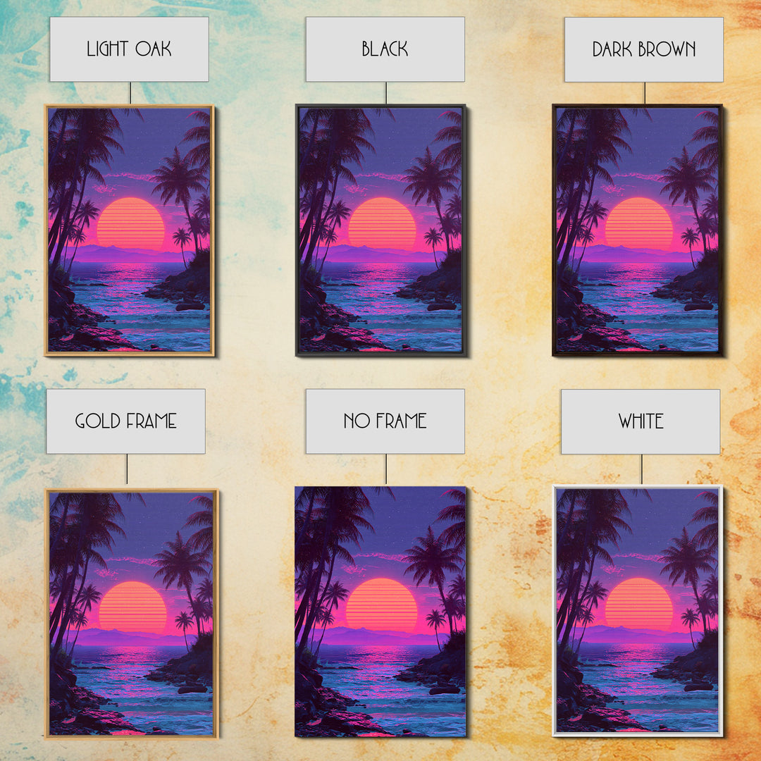 Vibrant Pink And Purple Tropical Beach Sunset With Palm Trees And Calm Ocean Retro Style Canvas Print