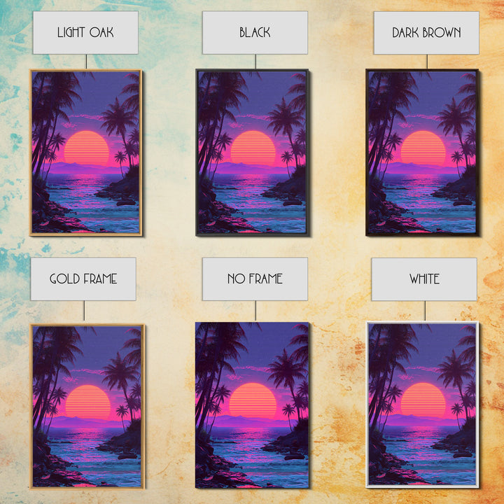 Vibrant Pink And Purple Tropical Beach Sunset With Palm Trees And Calm Ocean Retro Style Canvas Print