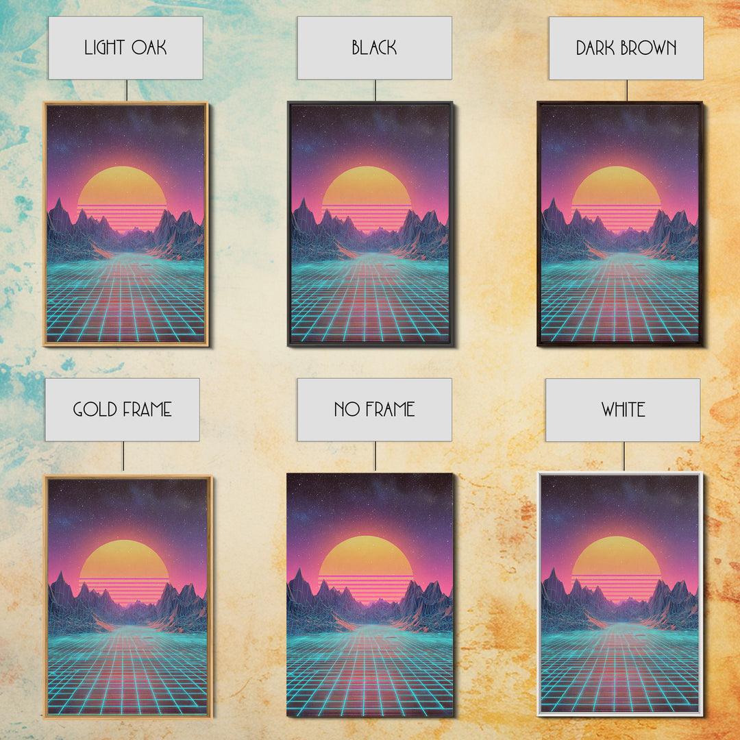 Retro Futuristic Synthwave Neon Sunset Over Wireframe Mountains Wall Art Print For Bedroom Decor Contemporary Canvas Print