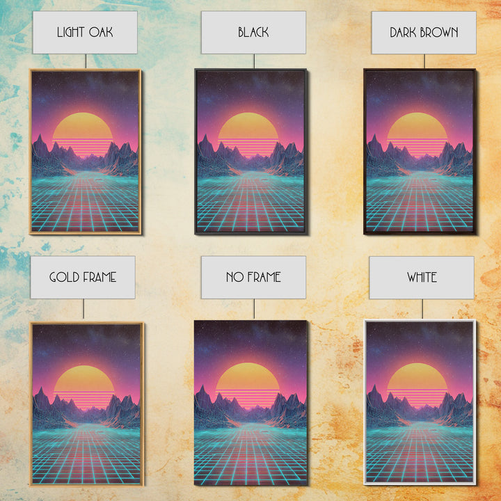 Retro Futuristic Synthwave Neon Sunset Over Wireframe Mountains Wall Art Print For Bedroom Decor Contemporary Canvas Print