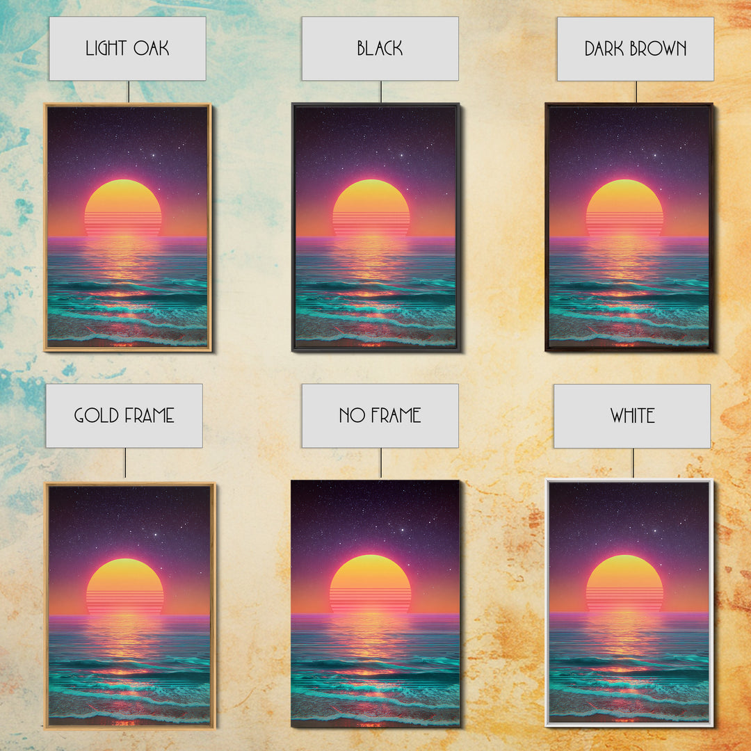 Digital Neon Sunset Ocean Wave Artwork Vibrant Abstract Modern Wall Art Large Framed Canvas Print Coastal Home Decor