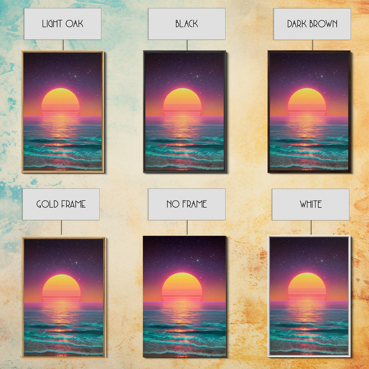 Digital Neon Sunset Ocean Wave Artwork Vibrant Abstract Modern Wall Art Large Framed Canvas Print Coastal Home Decor