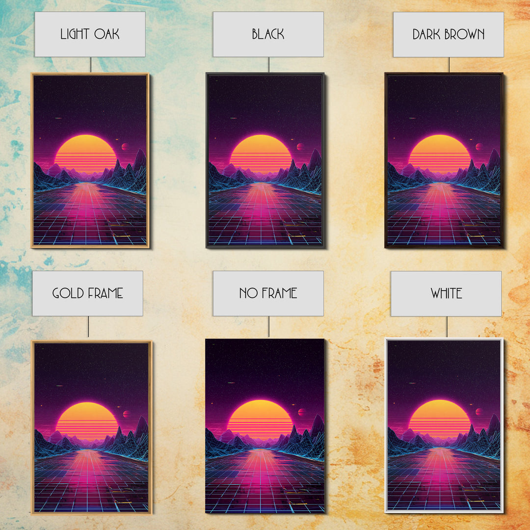 Retro Futuristic Sunset Landscape With Neon Grid Mountains And Starry Sky Wall Art Canvas Print For Modern Home Decor