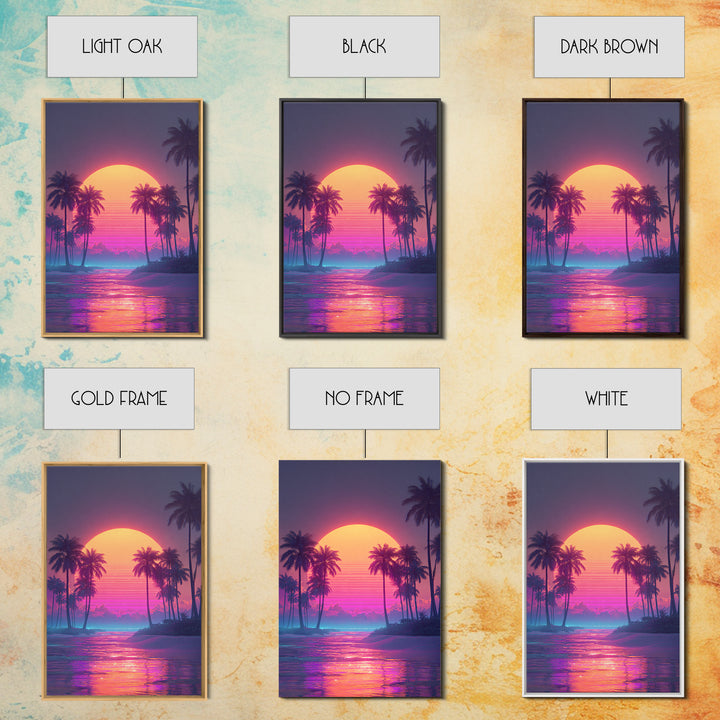 Vibrant Retro Sunset Over Tropical Beach With Palm Trees Large Wall Art Framed Canvas Print Coastal Home Decor