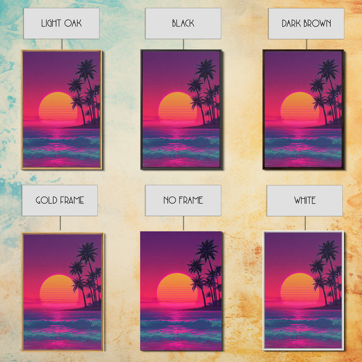Vibrant Neon Sunset Beach With Palm Trees Retro 80s Themed Wall Art For Living Room Decor Framed Canvas Print