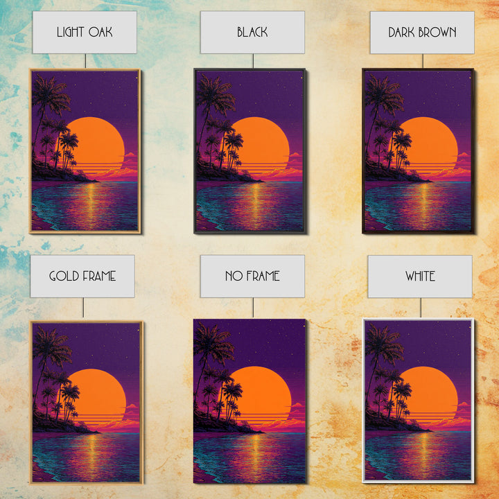 Tropical Sunset With Palm Trees Over Water Vibrant Coastal Wall Art Framed Canvas Print