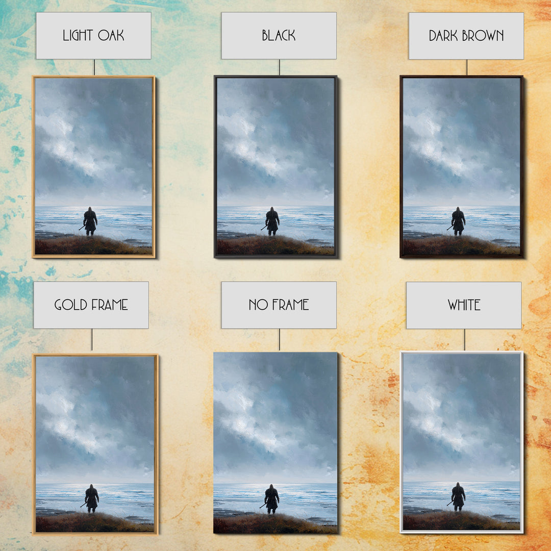 Lone Warrior Facing Cold Blue Sea Canvas Print, Minimalist Coastal Wall Art, Moody Seascape Living Room Decor, Above Bed Art