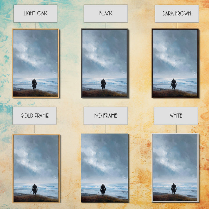 Lone Warrior Facing Cold Blue Sea Canvas Print, Minimalist Coastal Wall Art, Moody Seascape Living Room Decor, Above Bed Art