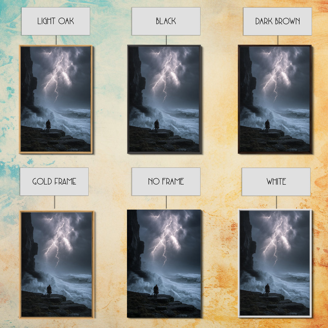 Lone Warrior Beneath Lightning Storm Framed Canvas Print, Dark Seascape Wall Art, Dramatic Fantasy Decor Print, Gift For Him
