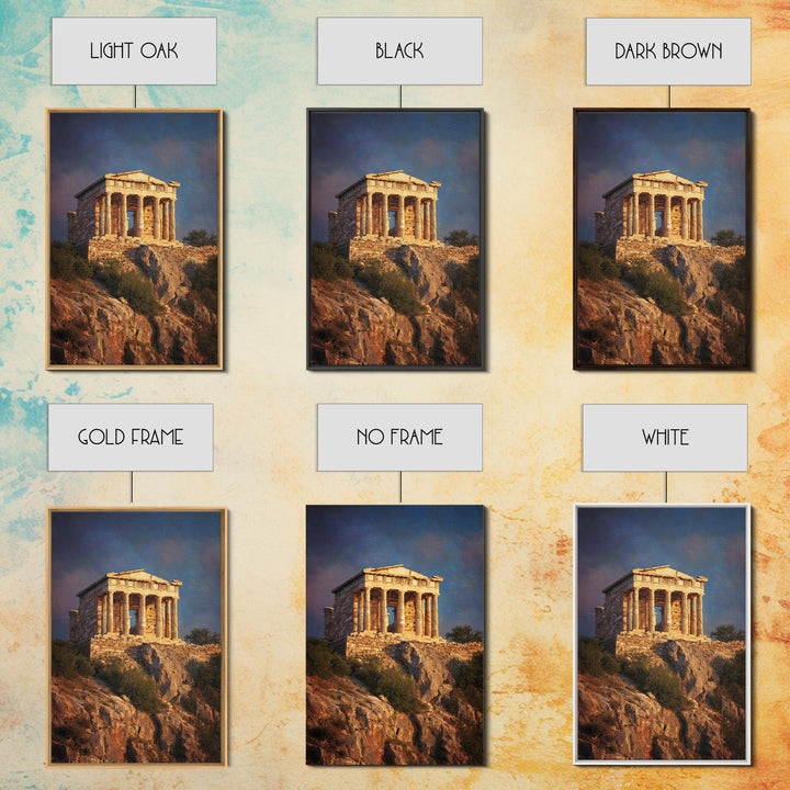 Golden Greek Temple On Rocky Hill Wall Art, Ancient Greece Landscape Painting, Mediterranean Decor, Travel Art Print, Gift For Him