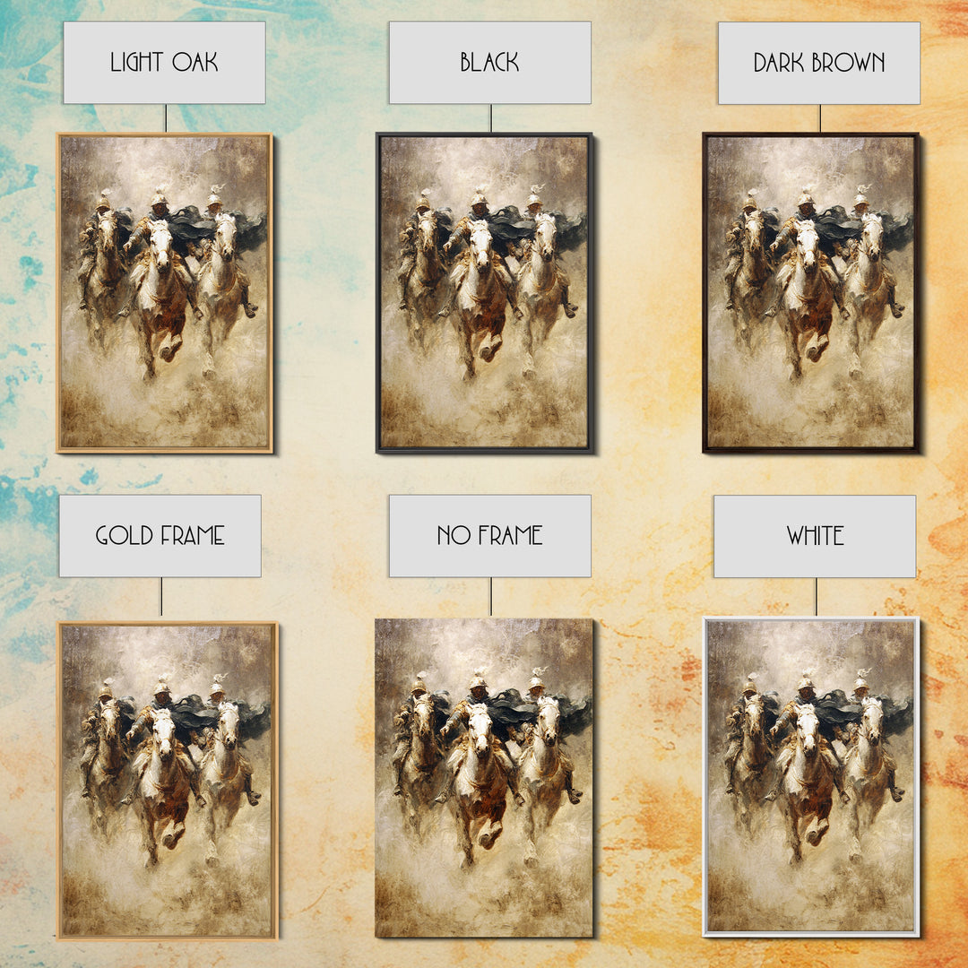 Charging Medieval Cavalry Riders Wall Art, Dramatic Horse Battle Canvas Print, Rustic Fantasy Decor, Large Living Room Decor