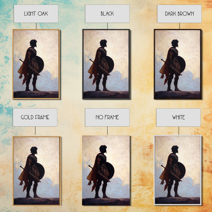 Ancient Warrior Silhouette With Shield And Sword Wall Art, Roman Soldier Canvas, Masculine Office Decor, Historical Fine Art Print