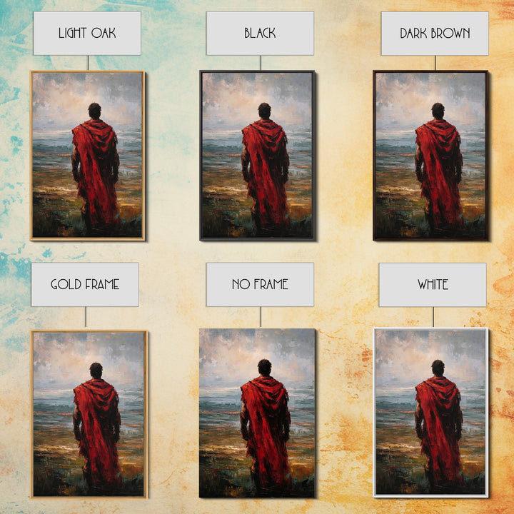 Red Cloaked Warrior Gazing At Sea Canvas Print, Moody Seascape Oil Painting, Roman Wall Art, Masculine Living Room Decor