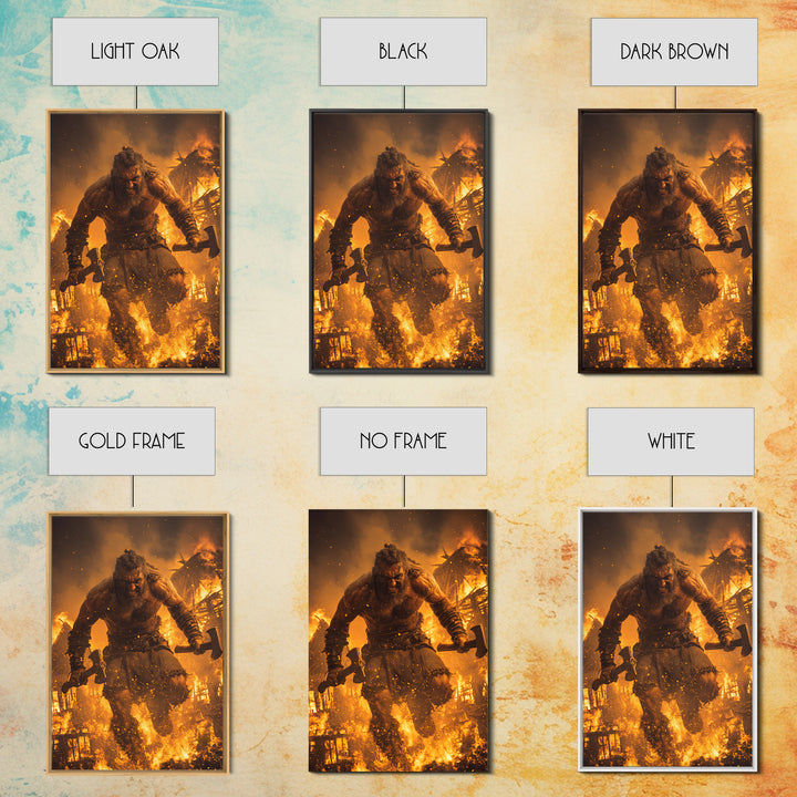 Fiery Berserker Giant With Axes, Dark Fantasy Wall Art, Viking Warrior Canvas, Gothic Decor, Man Cave, Statement Artwork Print