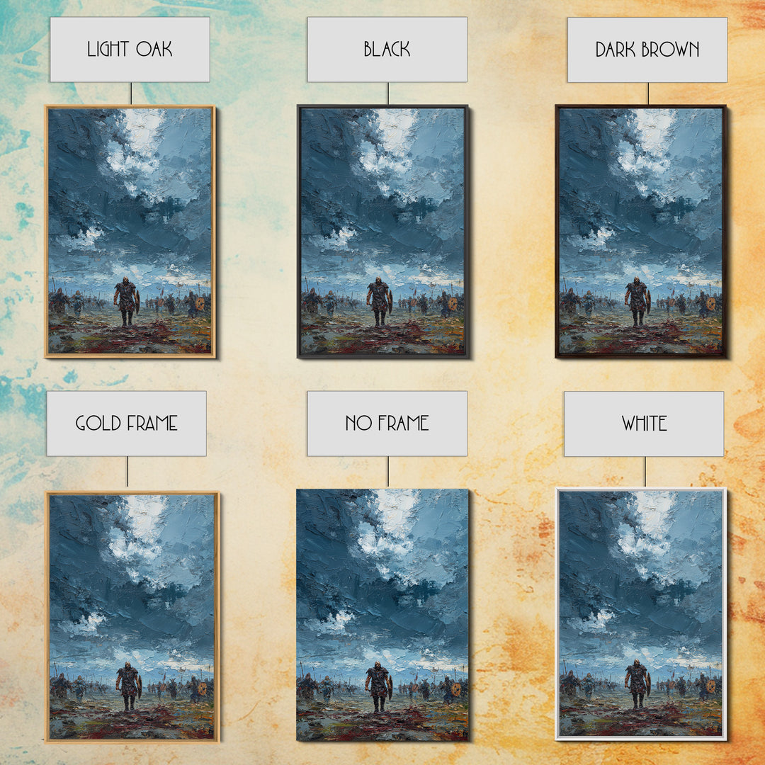 Warrior Walking Across Stormy Battlefield Wall Art, Textured Viking Canvas Print For Masculine Office Decor And Gift For Him