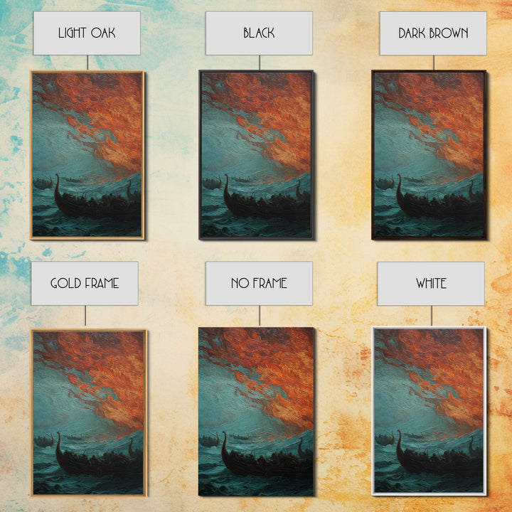 Viking Longships Under Fiery Storm Sky Wall Art, Norse Seascape Canvas Print, Dark Academia Coastal Home Decor, Living Room Decor