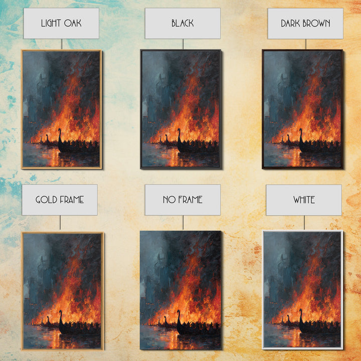 Burning Viking Ships On Dark Harbor Wall Art, Epic Historical Battle Canvas, Moody Seascape, Fantasy Living Room Decor, Home Decor