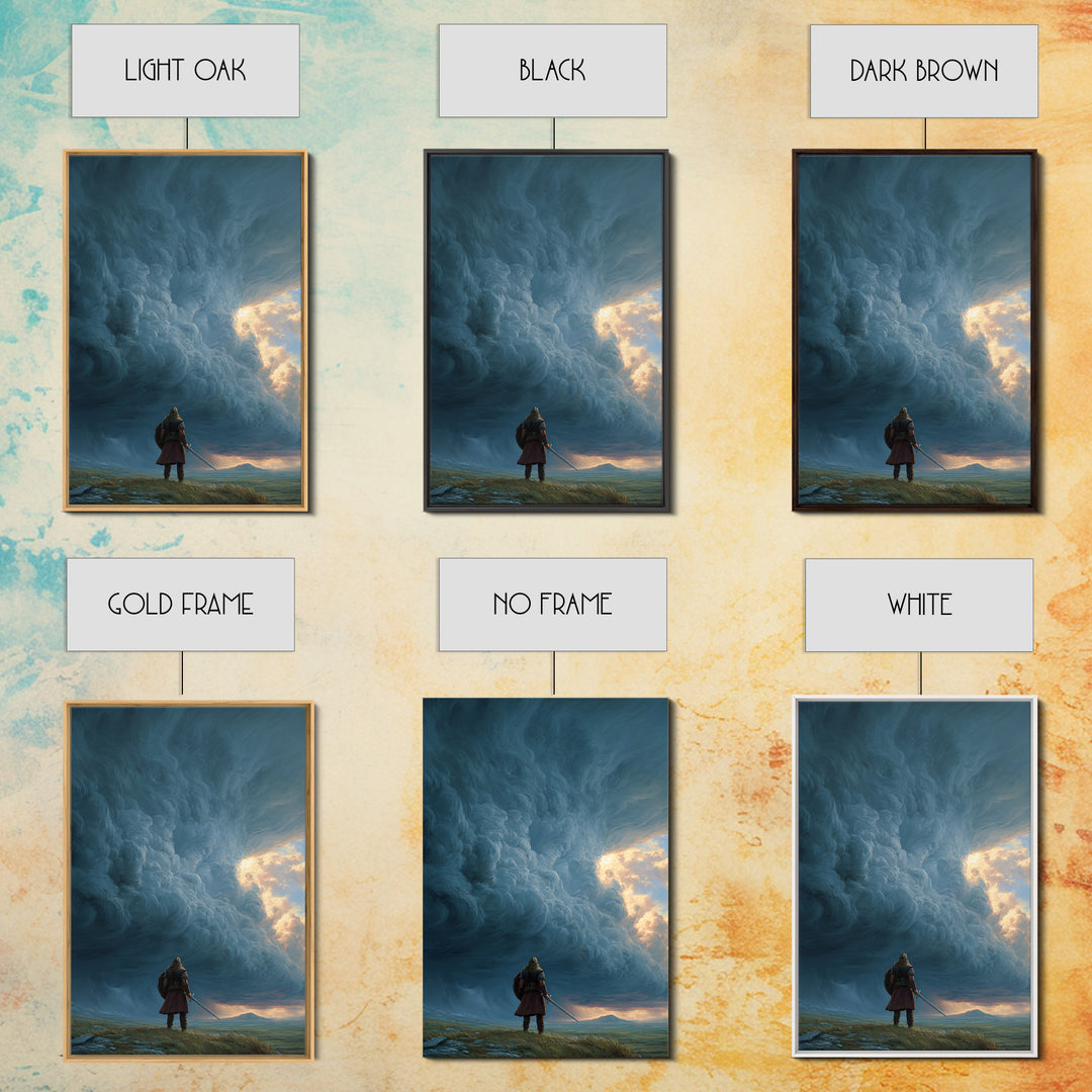 Lone Warrior Beneath Colossal Storm Clouds Wall Art, Fantasy Landscape Canvas, Dramatic Sky Decor, Large Statement Artwork
