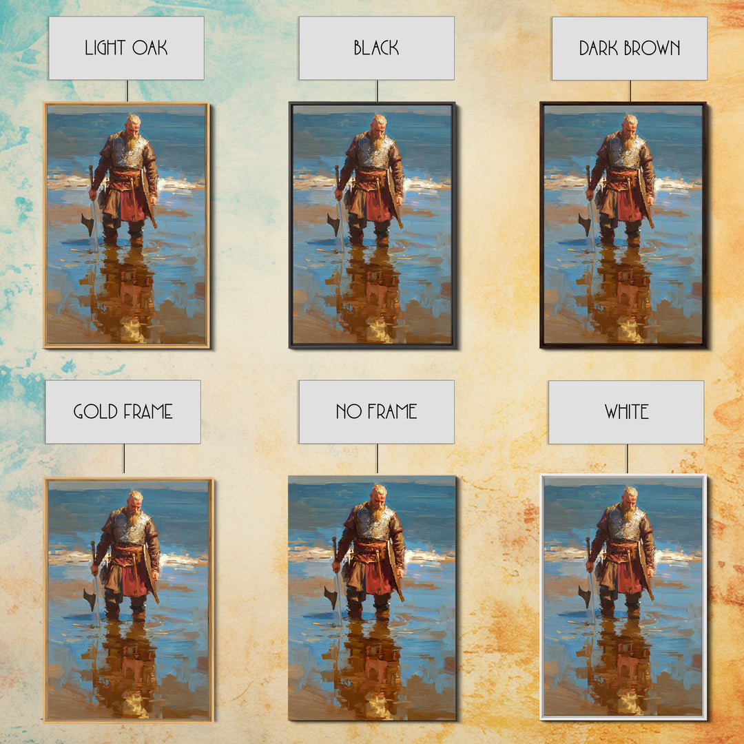 Blond Viking Warrior Standing In Reflective Shore Water Canvas Print, Coastal Fantasy Art, Masculine Wall Decor, Fine Art