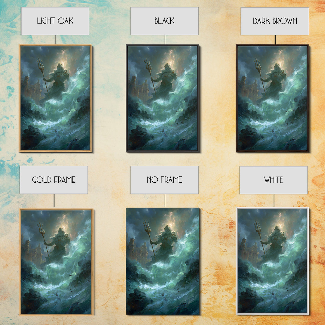 Colossal Sea God With Trident Canvas Print, Mythological Ocean Wall Art, Fantasy Seascape Decor, Dramatic Coastal Gift For Him