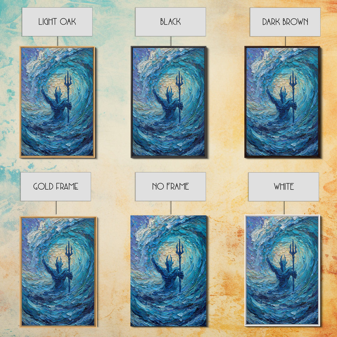 Sea God With Trident In Turquoise Wave Canvas Print, Poseidon Ocean Wall Art For Coastal Living Room Decor And Mythology Art Gift