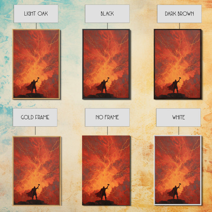 Thor Hammer Lightning Wall Art, Norse Mythology Storm Painting, Dramatic Red Sky Canvas Decor For Fantasy Home Office Gift