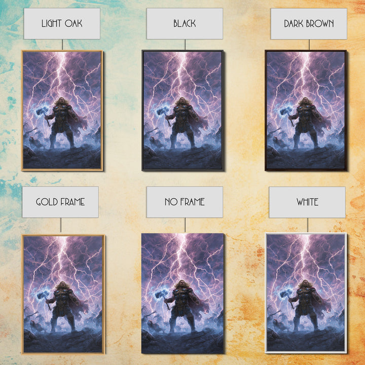 Thunder Warrior With Hammer In Lightning Storm Wall Art, Norse Mythology Canvas Print, Viking Decor, Epic Fantasy Gift For Him