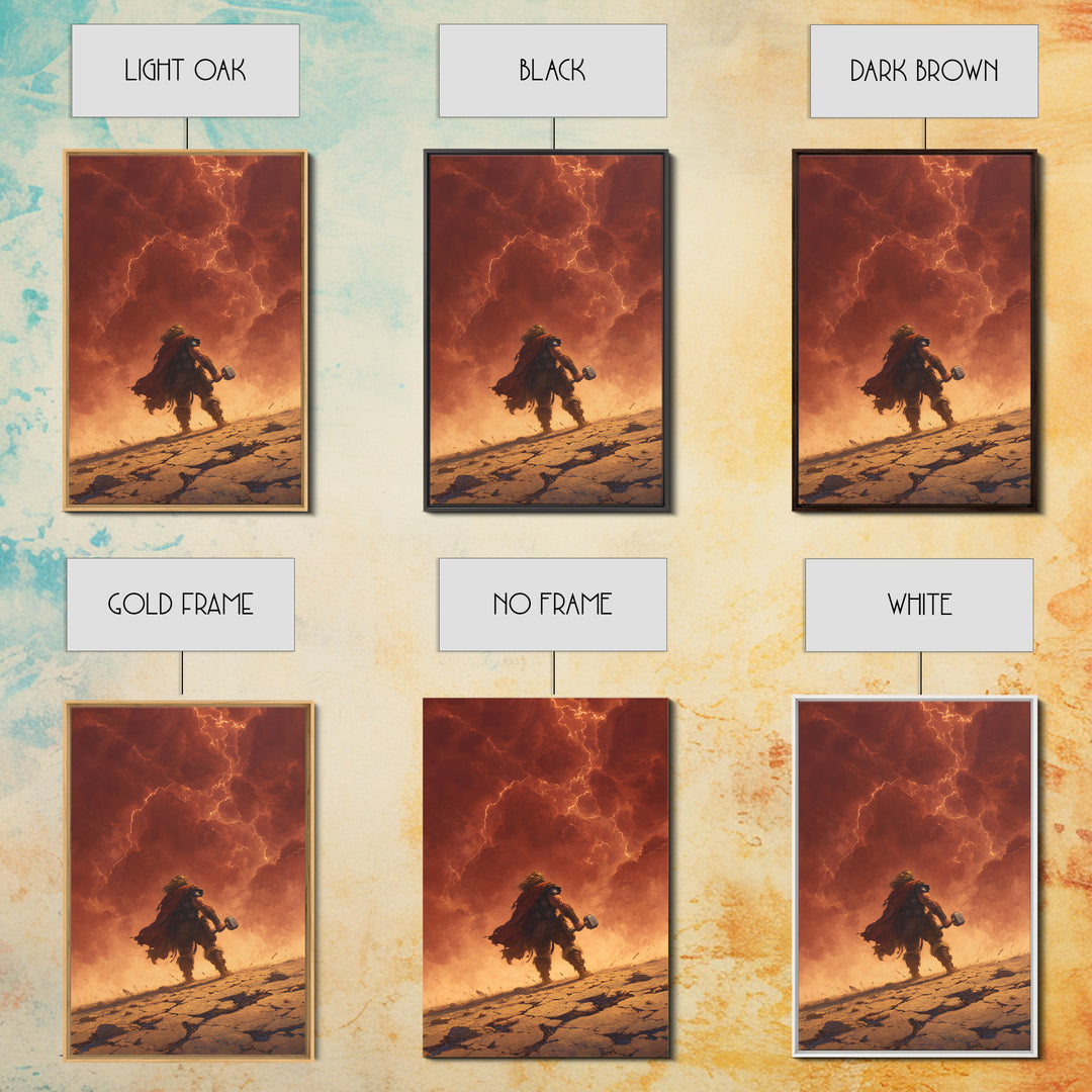 Epic Norse Thunder Warrior Under Fiery Sky Wall Art, Mythic Hammer Canvas Print, Dramatic Viking Fantasy Decor, Gift For Him