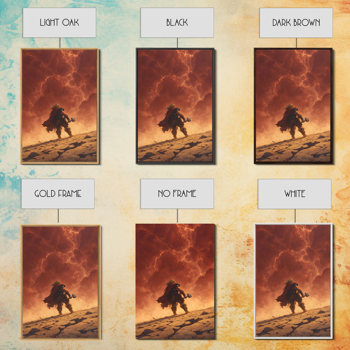 Epic Norse Thunder Warrior Under Fiery Sky Wall Art, Mythic Hammer Canvas Print, Dramatic Viking Fantasy Decor, Gift For Him