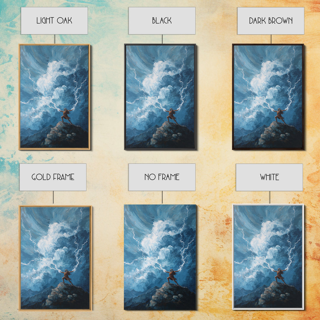 Tiny Warrior On Mountain Summoning Lightning Wall Art, Epic Storm Canvas Print For Fantasy Landscape Decor And Gift For Him