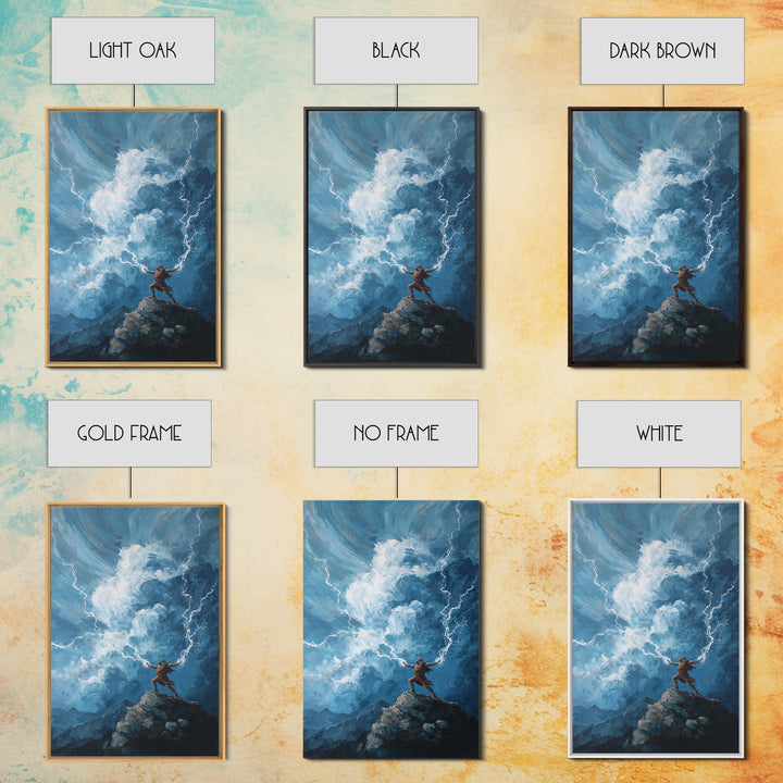 Tiny Warrior On Mountain Summoning Lightning Wall Art, Epic Storm Canvas Print For Fantasy Landscape Decor And Gift For Him