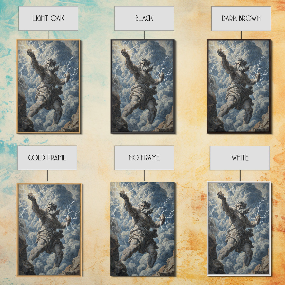 Zeus Lightning God Wall Art, Greek Mythology Statue Painting, Dramatic Storm Clouds Canvas Decor For Classical Home Gift