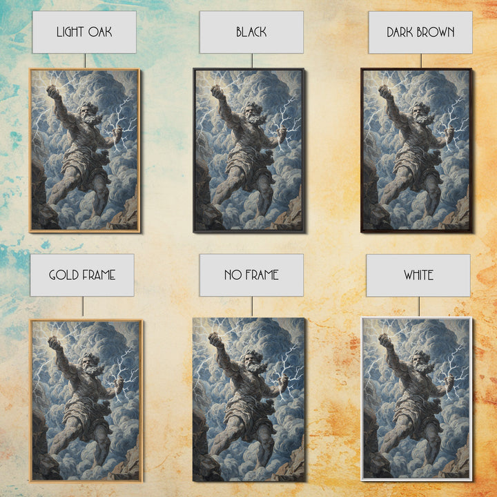 Zeus Lightning God Wall Art, Greek Mythology Statue Painting, Dramatic Storm Clouds Canvas Decor For Classical Home Gift