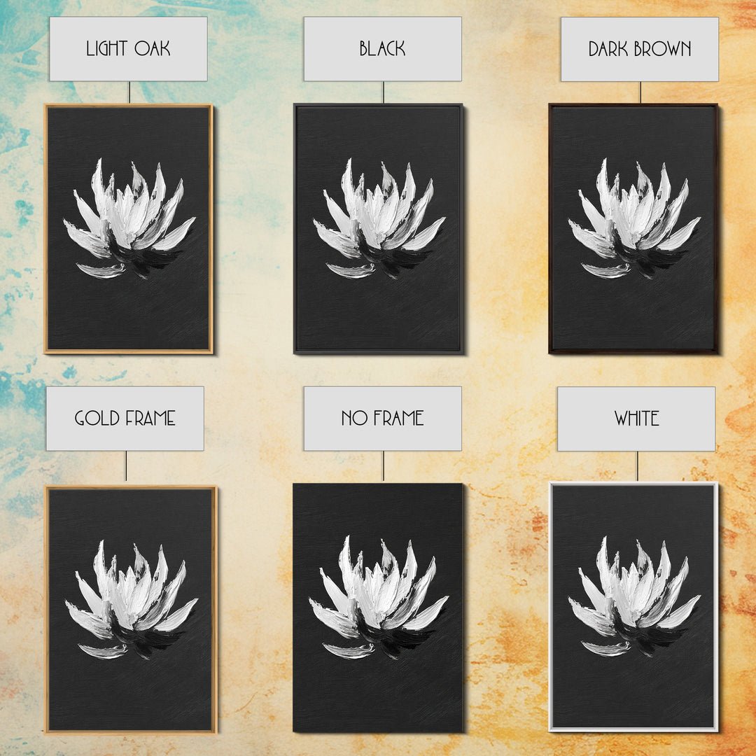 Black and White Oil Painting of Lotus Flower Minimalist Wall Art Original Canvas Print for Modern Home Decor