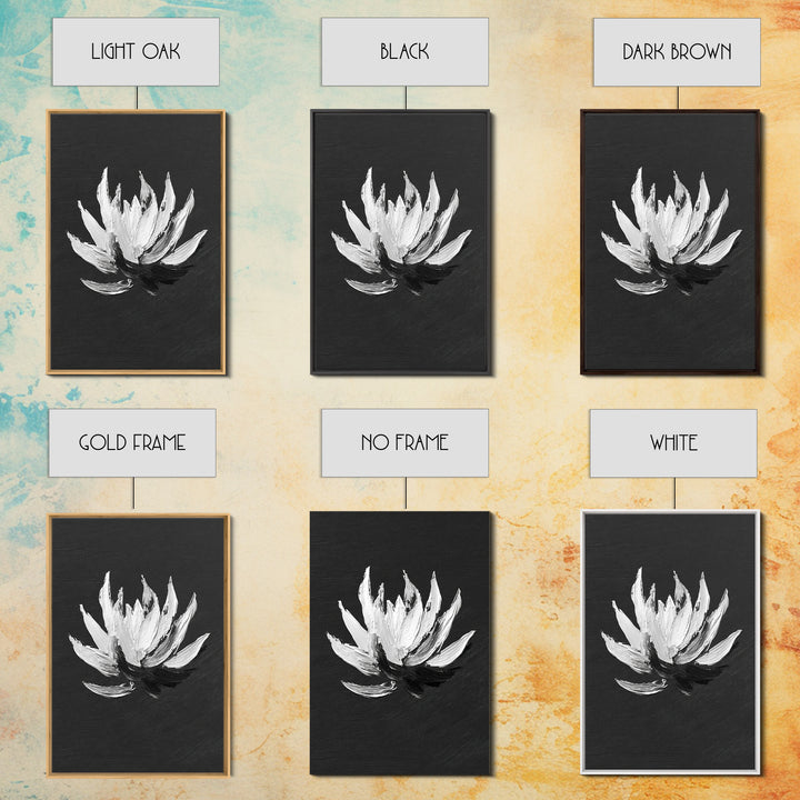 Black and White Oil Painting of Lotus Flower Minimalist Wall Art Original Canvas Print for Modern Home Decor