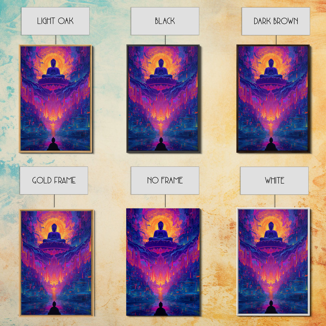Vibrant Spiritual Buddha Cityscape With Radiant Glow Wall Art Modern Home Decor