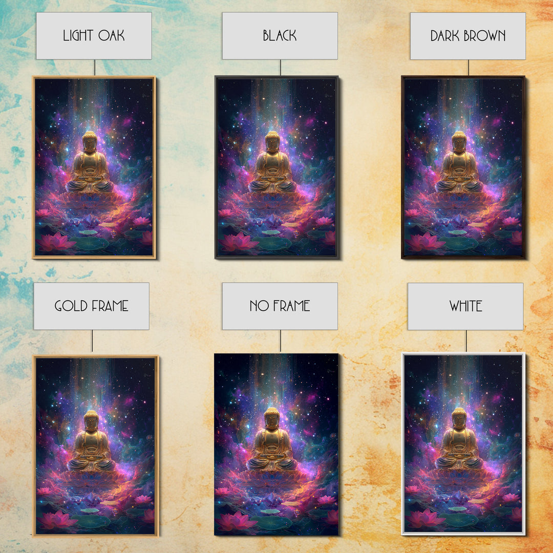 Colorful Glowing Golden Buddha In Cosmic Space Spiritual Wall Art Framed Canvas Print For Home