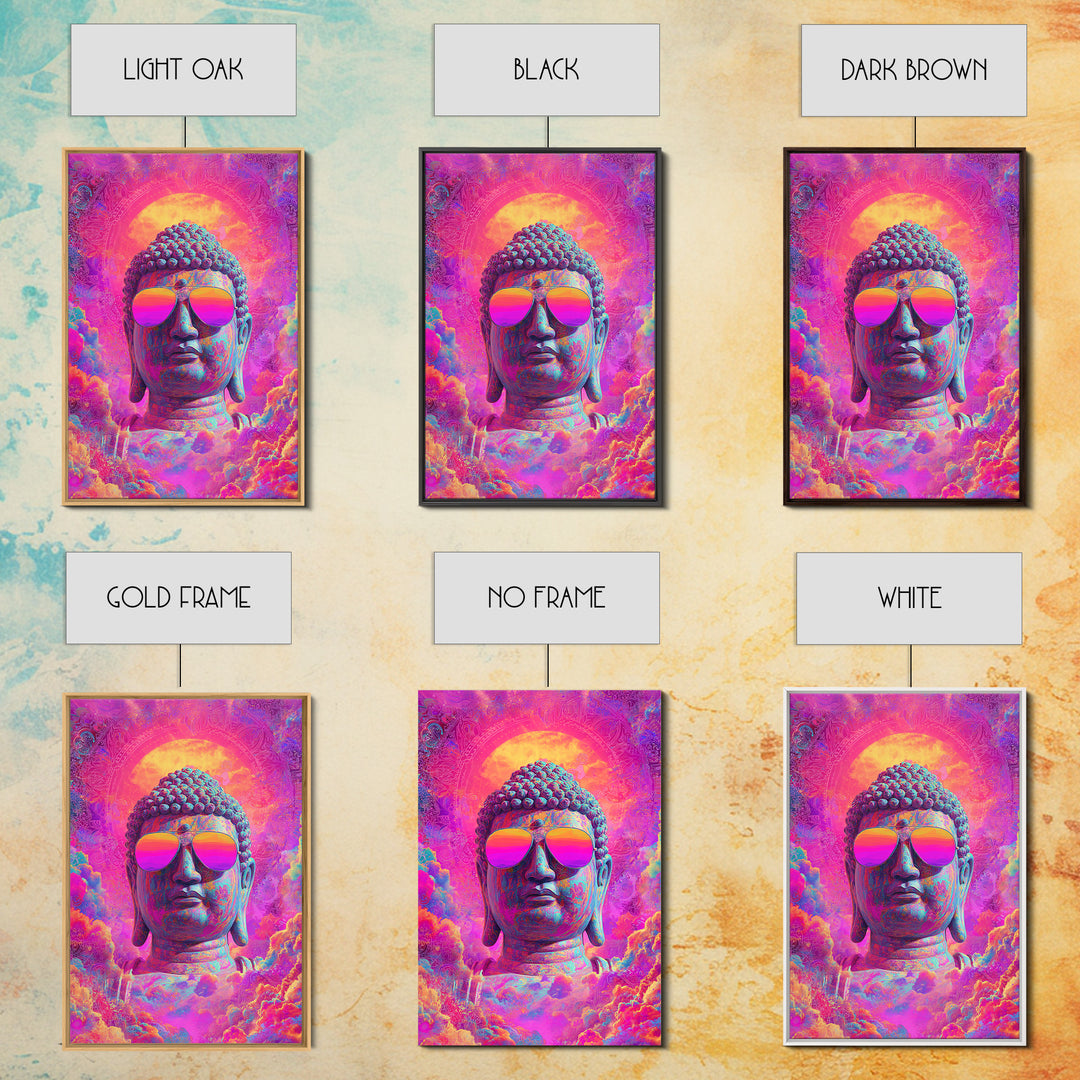 Vibrant Psychedelic Buddha With Colorful Sunglasses Spiritual Wall Art Framed Canvas Print