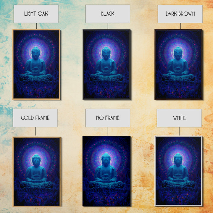 Mystical Blue Buddha Statue With Radiant Halo Spiritual Wall Art Framed Canvas Print For Meditation Room Decor
