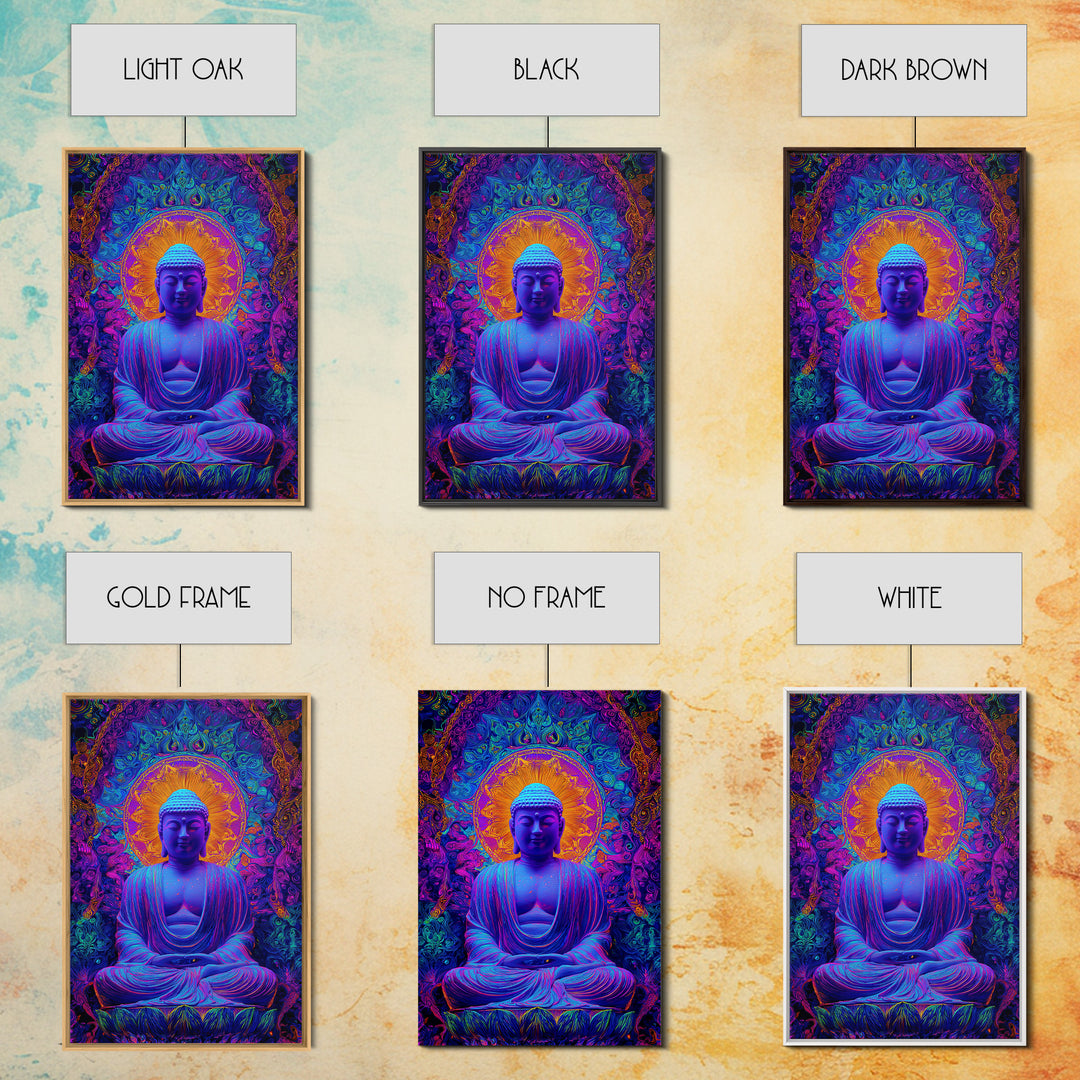 Vibrant Psychedelic Buddha Meditation Digital Painting Modern Wall Art Framed Canvas Print Spiritual Decor