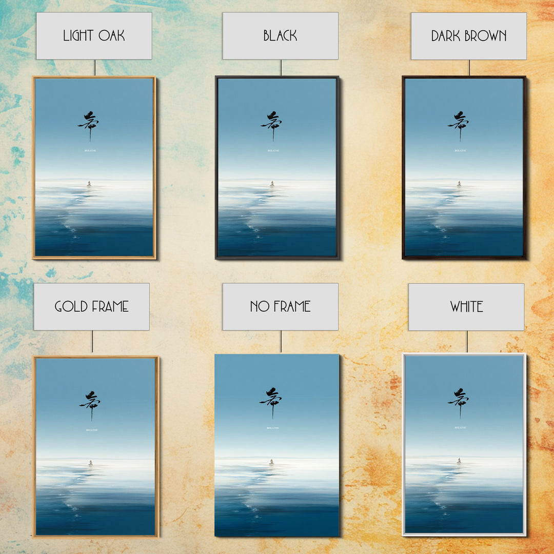 Calming Ocean Minimalist Digital Painting With Japanese Calligraphy Wall Art Modern Canvas Print For Bedroom Decor