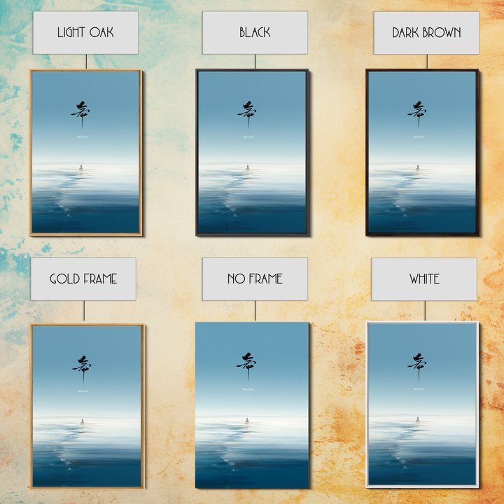 Calming Ocean Minimalist Digital Painting With Japanese Calligraphy Wall Art Modern Canvas Print For Bedroom Decor